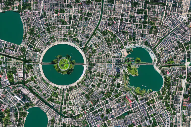 Image similar to satellite photography of a city with a square green park in the middle.