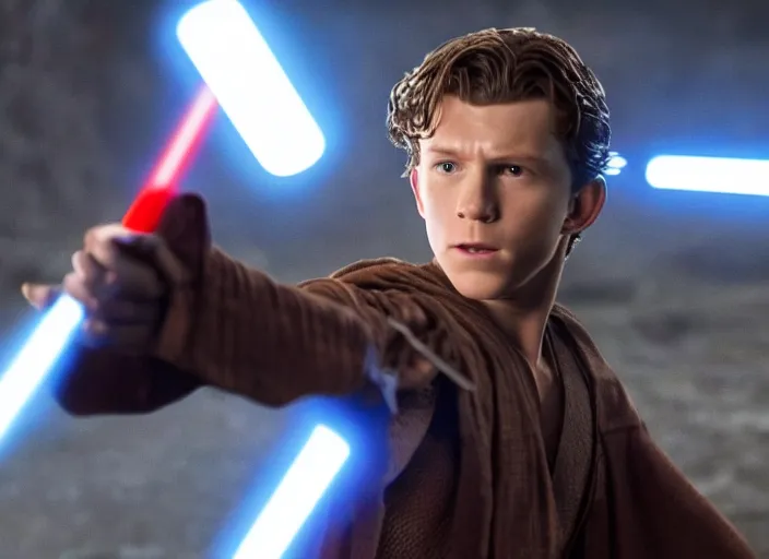 Prompt: tom holland plays anakin skywalker in the live action remake of star wars revenge of the sith, 3 5 mm photography, highly detailed, cinematic lighting, standing pose, holding lightsaber 4 k