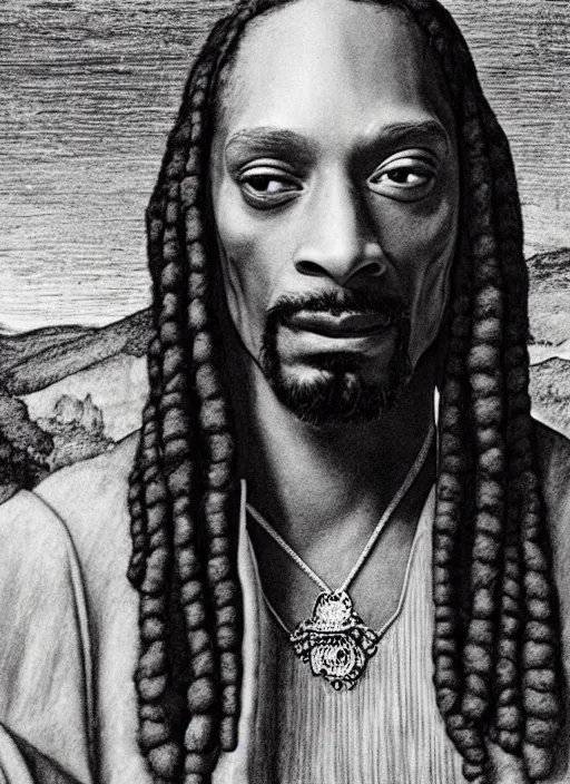 Prompt: a very high resolution image from a new movie, snoop dogg. drawn by leonardo da vinci. mountains, directed by wes anderson