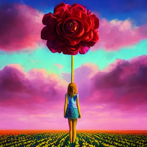 Image similar to giant rose flower head, full body girl standing in a flower field, surreal photography, sunrise, dramatic light, impressionist painting, colorful clouds, digital painting, artstation, simon stalenhag