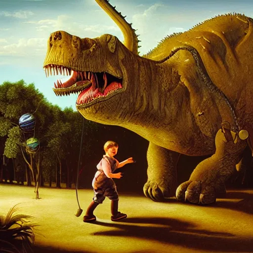 Image similar to dream a kid at the park walking a trex on a leash, renaissance oil painting by George Lucas and Jarosław Jaśnikowski and Dan Mumford, hyperralistic, hyperdetailed