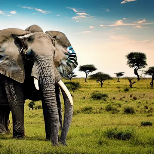 Prompt: a highly detailed panoramic photo by annie leibowitz of the serengeti. in the background a small boy next to an elephant with an extremely long trunk. 8 k, super resolution