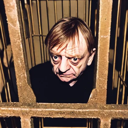 Prompt: mark e smith in a small cage marked for sale