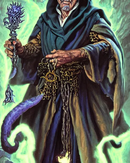 Image similar to portrait of Rick Sanchez as a powerful dungeons and dragons warlock, wearing dark robe, intricately detailed, lovecraftian, realistic, oil painting, by jeff easley, boris vallejo, cinematic lighting