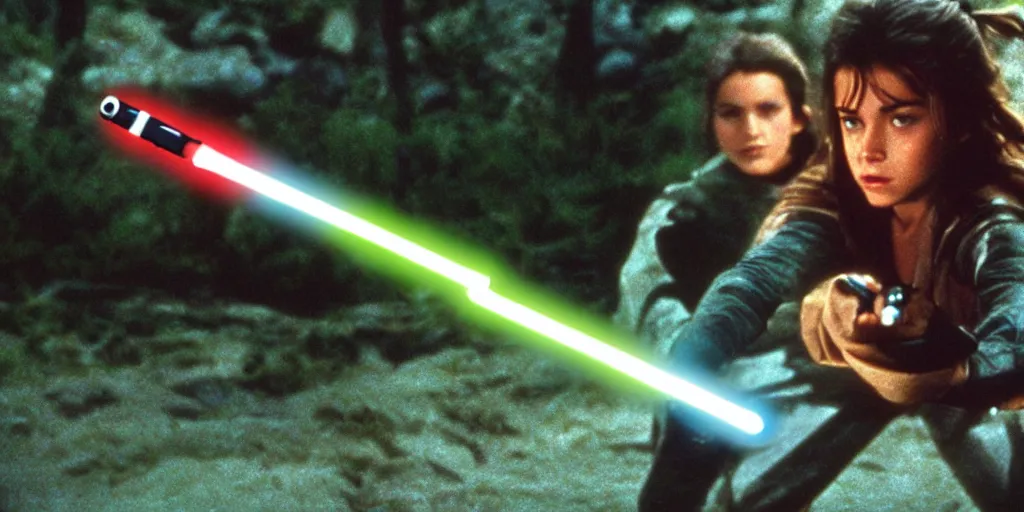 Image similar to a full color still of a teen brunette Jedi padawan holding a lightsaber hilt during a sci-fi battle, cinematic lighting, 1999, directed by Steven Spielberg, 35mm