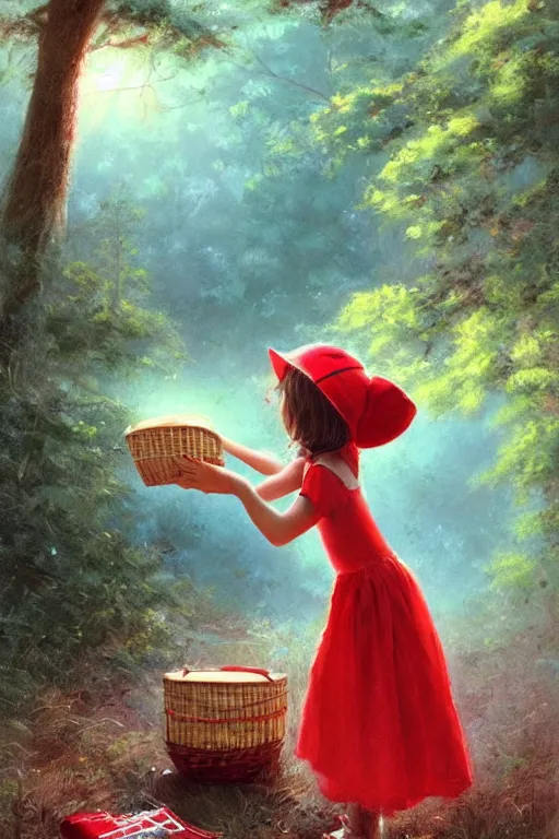 Prompt: a little girl in red hat with a picnic basket ,forest, long-shot, by Bruce Pennington and Ross Tran trending on artstation, trending on deviantart