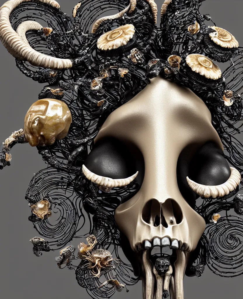 Image similar to goddess princess face close-up portrait ram skull. sculpture made of black stone with elements made of polished gold. jellyfish phoenix head, nautilus, orchid, skull, betta fish, bioluminiscent creatures, intricate artwork by Tooth Wu and wlop and beeple. octane render, trending on artstation, greg rutkowski very coherent symmetrical artwork. cinematic, hyper realism, high detail, octane render, 8k