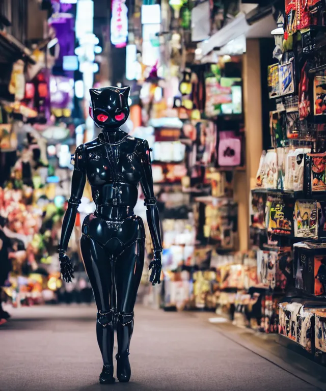 Prompt: high quality presentation photo of an evil robot anthropomorphic catwoman shopping in japan, photography 4k f1.8 anamorphic bokeh 4k Canon Nikon