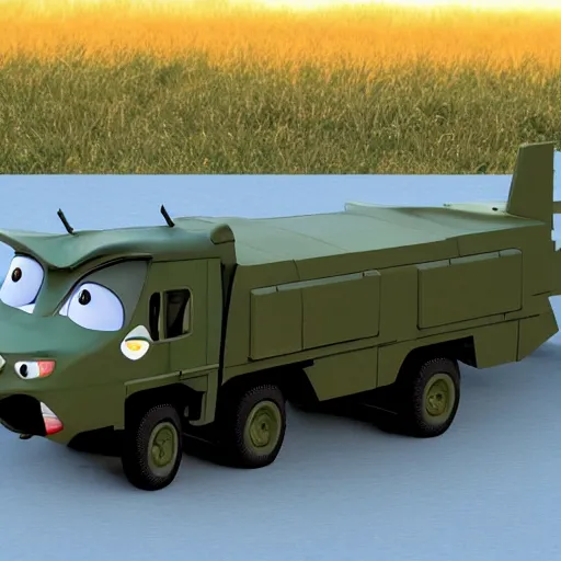 Image similar to HIMARS with rockets, Cars Pixar movie style, detailed, green