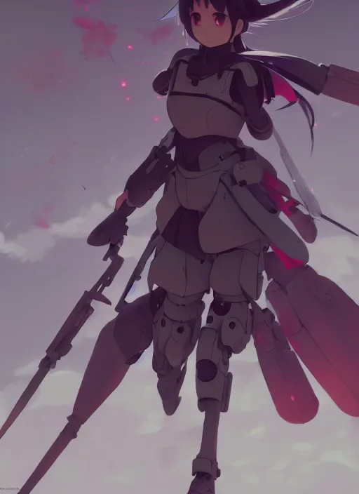 Prompt: homura akemi character, battlefield landscape, illustration concept art anime key visual trending pixiv fanbox by wlop and greg rutkowski and makoto shinkai and studio ghibli and kyoto animation, soldier clothing, cyborg parts, call of duty mecha exoskeleton, grimdark, volumetric lighting, battle tank turret