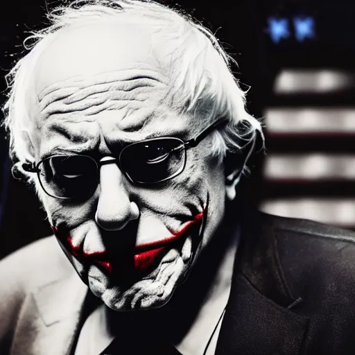 Prompt: stunning awe inspiring ( ( bernie sanders ) ) as the joker movie still 8 k hdr atmospheric lighting