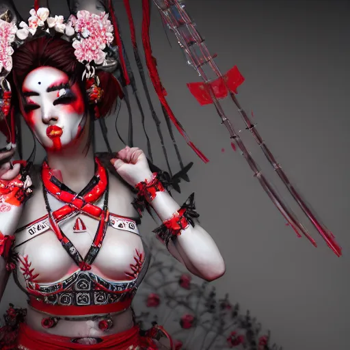 Prompt: geisha warrior ornated armor war paint full body, detailed, jewelry, sakura,photograph, award wining, red and white, trending on artstation, punk attitude, 4k, unreal engine 5, octane render, neon highlights