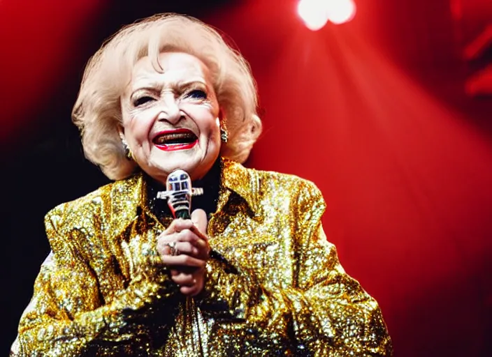 Image similar to publicity photo still of betty white as a gangsta rapper covered in gold chains, with grills in teeth and wearing a jumpsuit live on stage, 8 k, live concert lighting, mid shot