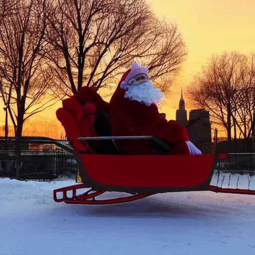 Image similar to santa claus in a sleigh in front of world trade center with a beautiful sunset in the background