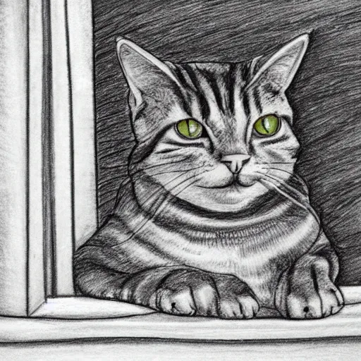 Image similar to a tabby cat named clarence laying on a table looking out the window, it is a sunny day, in the style of a hand drawn pencil sketch