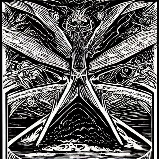 Prompt: woodcut of demonic portal to hell by Dan Mumford and Josan Gonzalez. Stargate. Very detailed intricate linework
