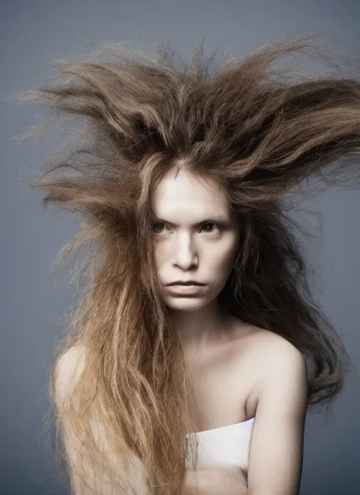 Prompt: a dramatic photo of a woman with hair made of roots. moody and melanchonic