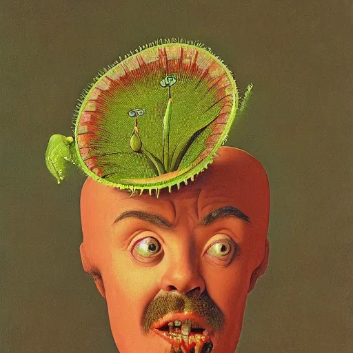 Prompt: Portrait of a Venus Flytrap Gentleman Venus Flytrap disguised as a human standing atop a red clay pot octavio ocampo jacek yerka winslow homer norman rockwell inio asano noctograph