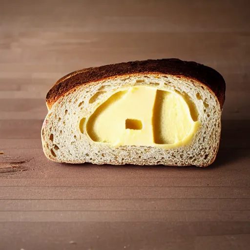 Prompt: a slice of bread covered with a face made out of butter 85mm f/1.4