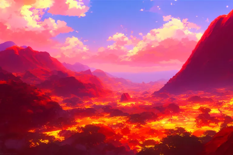 Prompt: red lush mountainscape, with two suns in the sky, orange sky, two sunsets, by makoto shinkai an krenz cushart