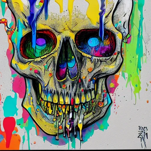 Image similar to drippy, dripping paint, skull, trippy, Miyazaki style, exaggerated accents