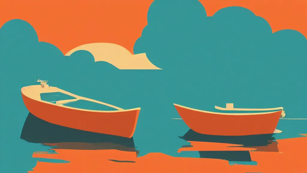 Image similar to a pale orange boat floating on top of a body of water, a vintage poster screenprint by Tom Whalen, behance contest winner, australian tonalism, pale gradients design, matte drawing, outrun, low poly