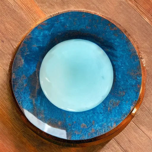 Image similar to a blue cystal in the wood table