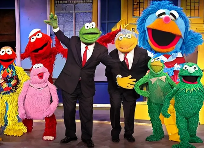 Image similar to ted cruz on the floor getting stomped and kicked by a gang of muppets on sesame street