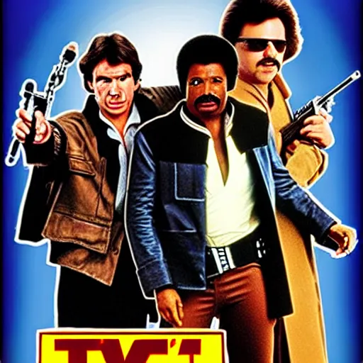 Image similar to weekend at bernie's movie poster, han solo as andrew mccarthy, lando calrissian as jonathan silverman, tobias beckett as terry kiser