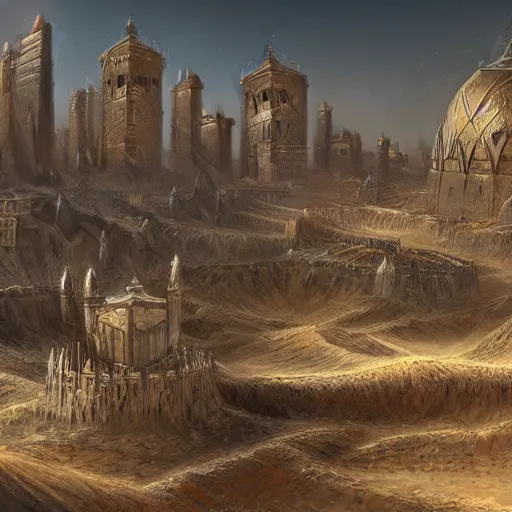 Prompt: detailed and highly intricate art of standstone walls protecting a large desert kingdom with many buildings and towers, 8 k concept fantasy art illustration