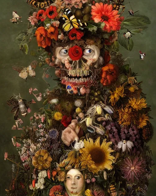 Image similar to A beautiful detailed full body portrait painting 'The Godes of nature' by Giuseppe Arcimboldo, flowers bees and birds everywhere, existential horror, Trending on cgsociety artstation, highly detailed, 8k, masterpiece, in the style of DiscoDiffusion.