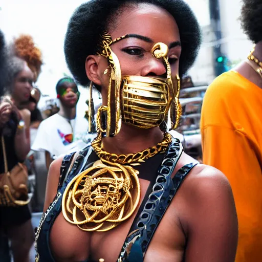 Prompt: futurist, afrofuturist woman with gold jewelry, afropunk