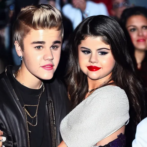 Image similar to justin bieber and selena gomez finally reunited in love in front of a lake during christmas at night