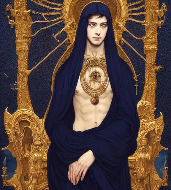 Image similar to portrait of a god of death, young male, in the underworld, elegant dark blue dress, very detailed, throne, very intricate details, jewelry, gold eyes, elaborate long black hairstyle, wings, cinematic, artstation, william bouguereau, rule of thirds, alphonse mucha, greg rutkowski, rossdraws, octane render