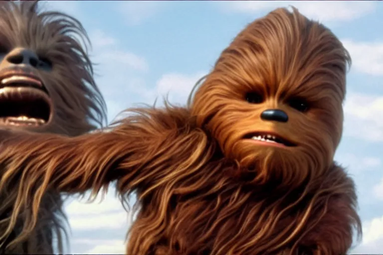 Image similar to A high quality movie still from the film Goonies, starring Chewbacca