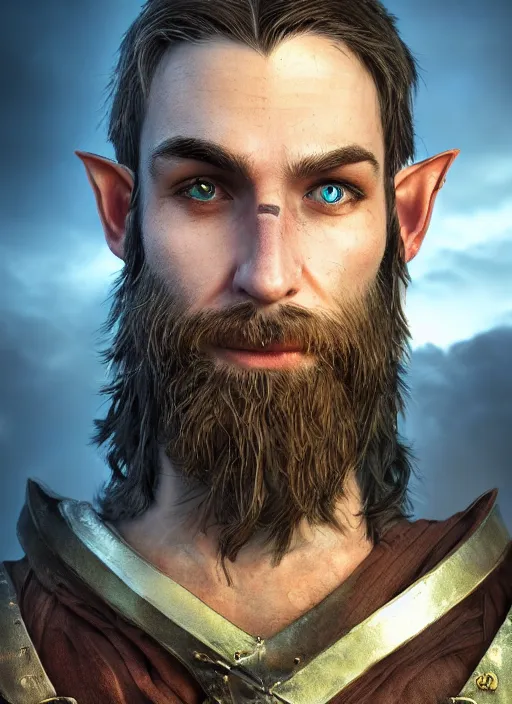 Prompt: An epic fantasy comic book style portrait painting of an arrogant half elf ranger with shaggy brown hair, scruffy beard, scar on face, blue tunic, unreal 5, DAZ, hyperrealistic, octane render, cosplay, RPG portrait, dynamic lighting