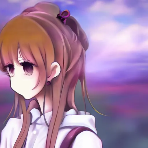 Image similar to monika from doki doki, anime, beautiful, high detail, soft focus, warm colours