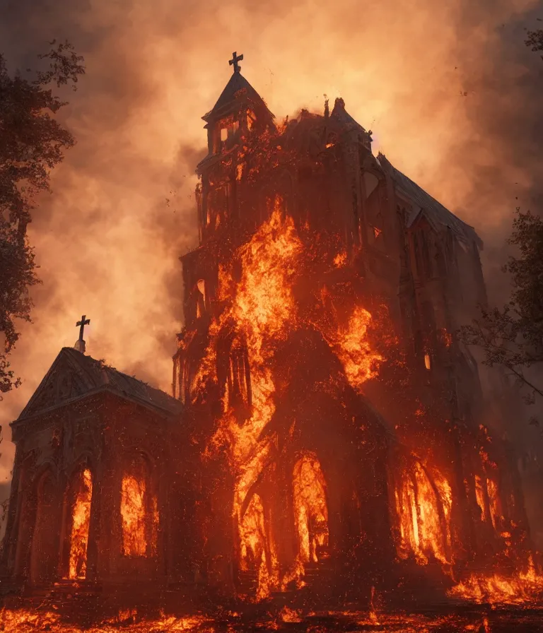 Prompt: a beautiful hyperrealistic detailed 3D render of a burning church, by genzoman, unreal engine, octane render, gigantic, 3D, brilliantly coloured, intricate, ultra wide angle, trending on artstation, embers, smoke, dust, dusk, volumetric lighting, HDR, polished, micro details, ray tracing, 8k