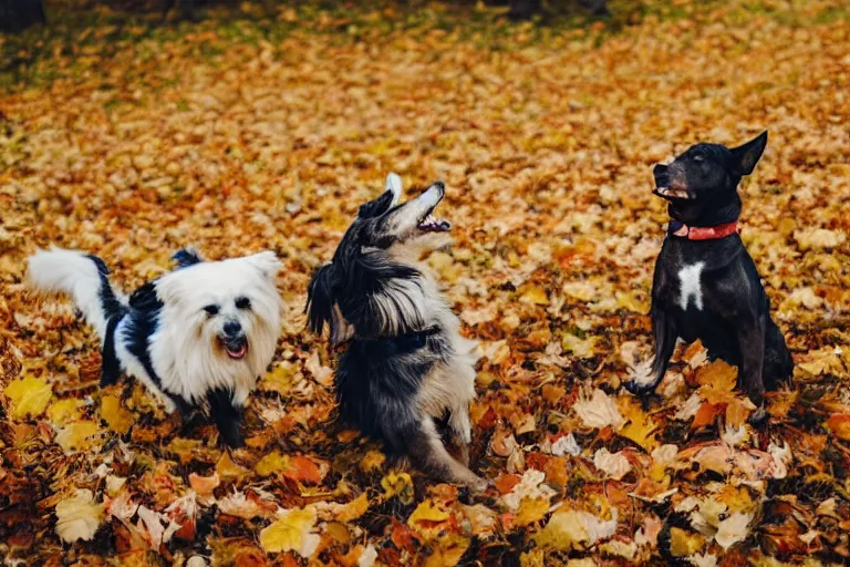 Prompt: dogs playing in autumn leaves