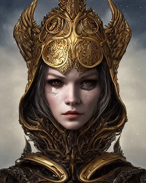 Prompt: portrait of the embodiment of darkness by Valentina Remenar, artgerm, by Charlie Bowater, tom bagshaw, Lois Van Baarle:: ornate detailed intricate golden battle knight armor by furio tedeschi, zhelong xu, golden ratio, symmetrical body, highly detailed