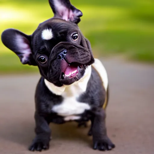 Prompt: brown french bulldog puppy going to school, high detail, happy,