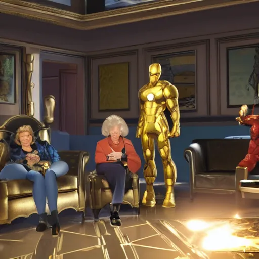 Prompt: Marvel avengers as the golden girls tv show , gold, gold and white light, volume rays, photo realistic, cinematic_cinematography_ultra_detail by Albert Bierstadt in Unreal Engine, 8k resolution