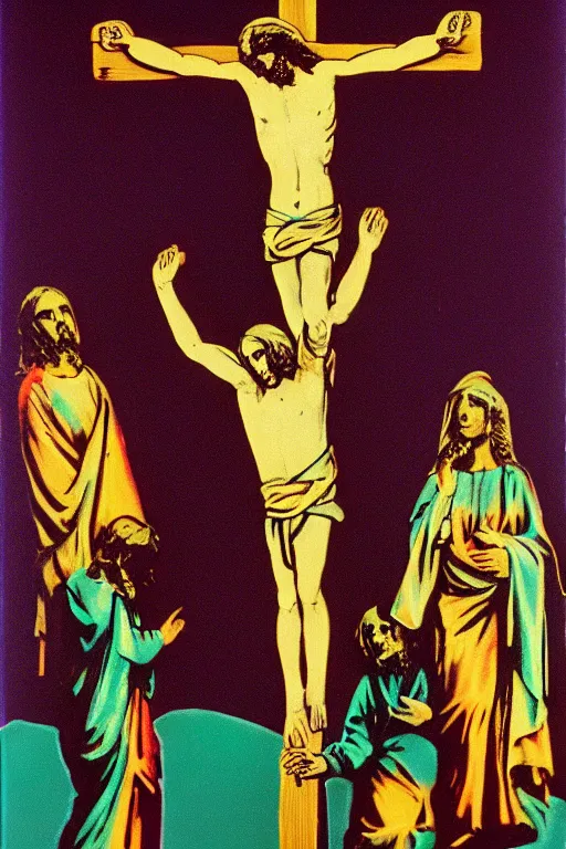 Image similar to jesus christ crucified and ufos in the background painted by andy warhol