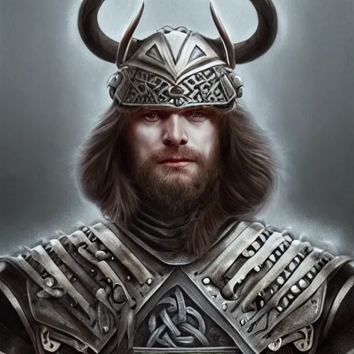 Image similar to portrait of solemn, ice-pale undead viking warrior with black veins and brutalist plate armor with art deco knotwork, elegant, intricate, head and upper body portrait, D&D, fantasy, highly detailed, digital painting, artstation, concept art, sharp focus, illustration, art by artgerm and brom and greg rutkowski and alphonse mucha