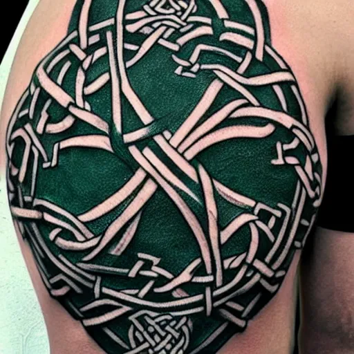 Prompt: tattoo on the shoulder, nordic and celtic, viking with sword and shield in the middle of knotwork, celtic knot band with a viking warrior centerpiece, viking holds a shield frontward and a sword over his head, dark green black ink tattoo