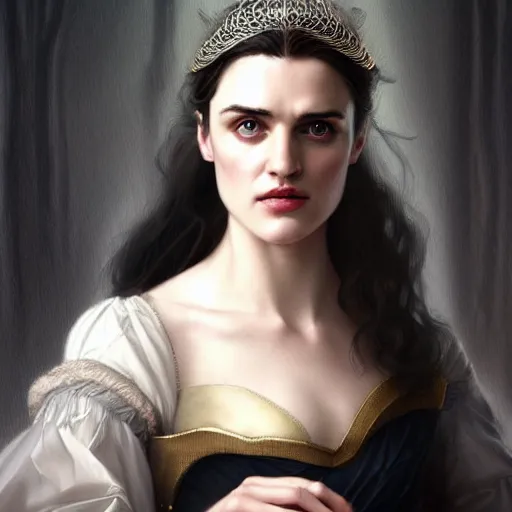 Image similar to beautiful & striking Katie McGrath as a 1700s princess by Artgerm and Greg Rutkowski, intricate, elegant, highly detailed, digital painting, artstation, concept art, moody, sharp focus, illustration,