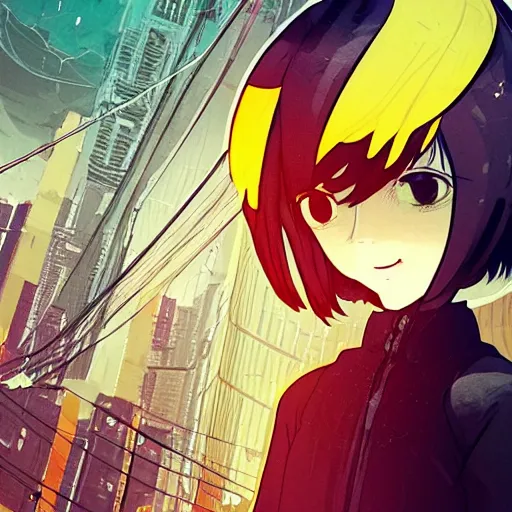 Image similar to Frequency indie album cover, luxury advertisement, yellow filter. Clean and detailed post-cyberpunk sci-fi close-up schoolgirl in asian city in style of cytus and deemo, blue flame, relaxing, calm and mysterious vibes, by Tsutomu Nihei, by Yoshitoshi ABe, by Ilya Kuvshinov, by Greg Tocchini, nier:automata, set in half-life 2, Matrix, GITS, Blade Runner, Neotokyo Source, Syndicate(2012), dynamic composition, beautiful with eerie vibes, very inspirational, very stylish, with gradients, surrealistic, dystopia, postapocalyptic vibes, depth of field, mist, rich cinematic atmosphere, perfect digital art, mystical journey in strange world, beautiful dramatic dark moody tones and studio lighting, shadows, bastion game, arthouse