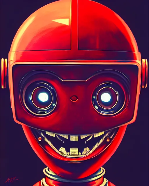 Image similar to hyper - realistic portrait of a vintage robot, red evil eyes, angry mouth, gta v cover art, celshading, sharp focus, intricate, detailed, rhads, andreas rocha, makoto shinkai, lois van baarle, ilya kuvshinov, greg rutkowski, dynamic lighting, grunge aesthetic, 4 k