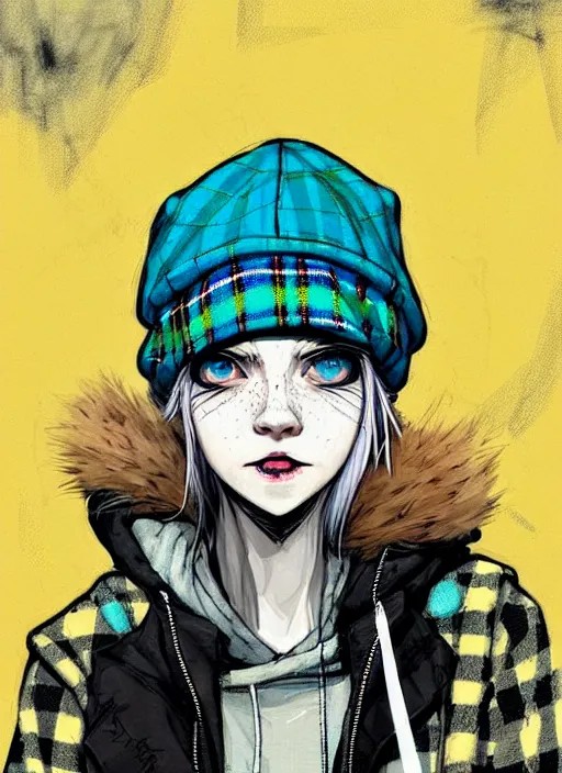 Image similar to highly detailed portrait of a sewer punk lady student, blue eyes, tartan hoody, hat, white hair by atey ghailan, by greg tocchini, by kaethe butcher, gradient yellow, black, brown and cyan color scheme, grunge aesthetic!!! ( ( graffiti tag wall ) )