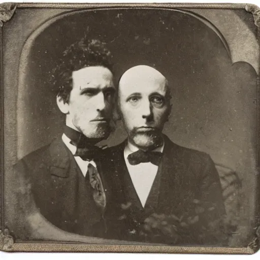 Image similar to tintype photo of rick and morty. 1 8 8 0 s